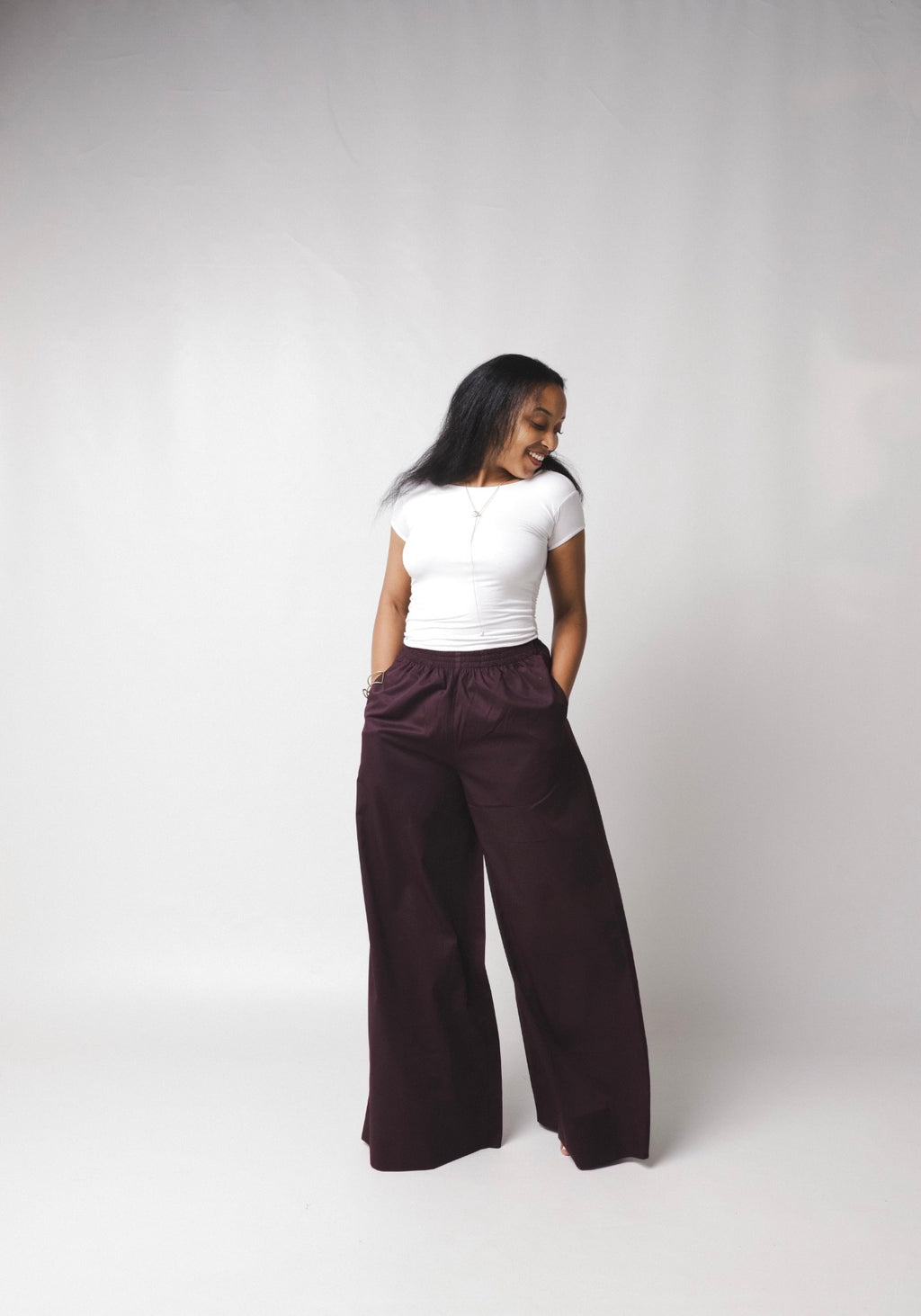 LC Ruched Waistband Wide Leg Pants : Black Current
