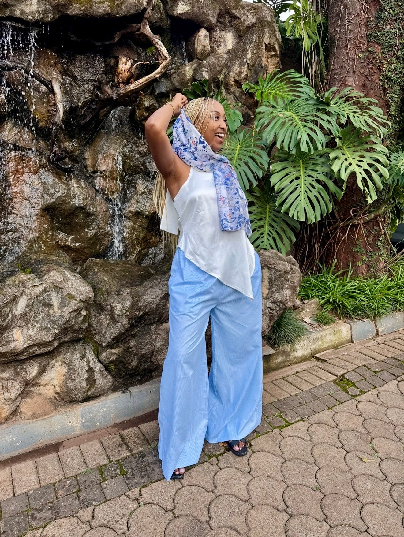 LC Cotton Ruched Wide Leg Pants : Blue & White Stripes