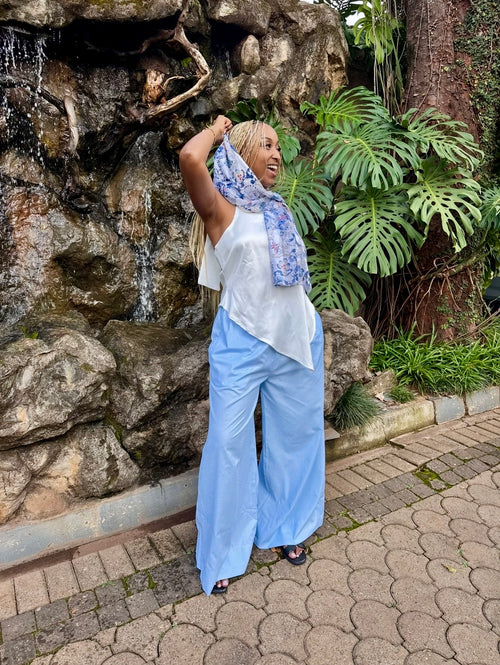 LC Cotton Ruched Wide Leg Pants : Blue & White Stripes