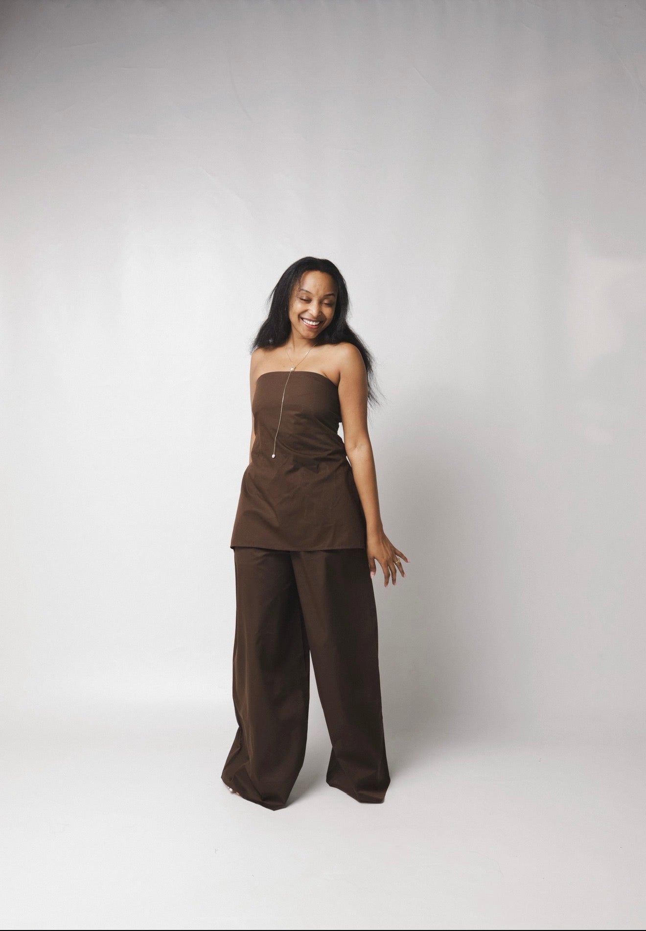 LC Ruched Waistband Wide Leg Pants : Chocolate Brown