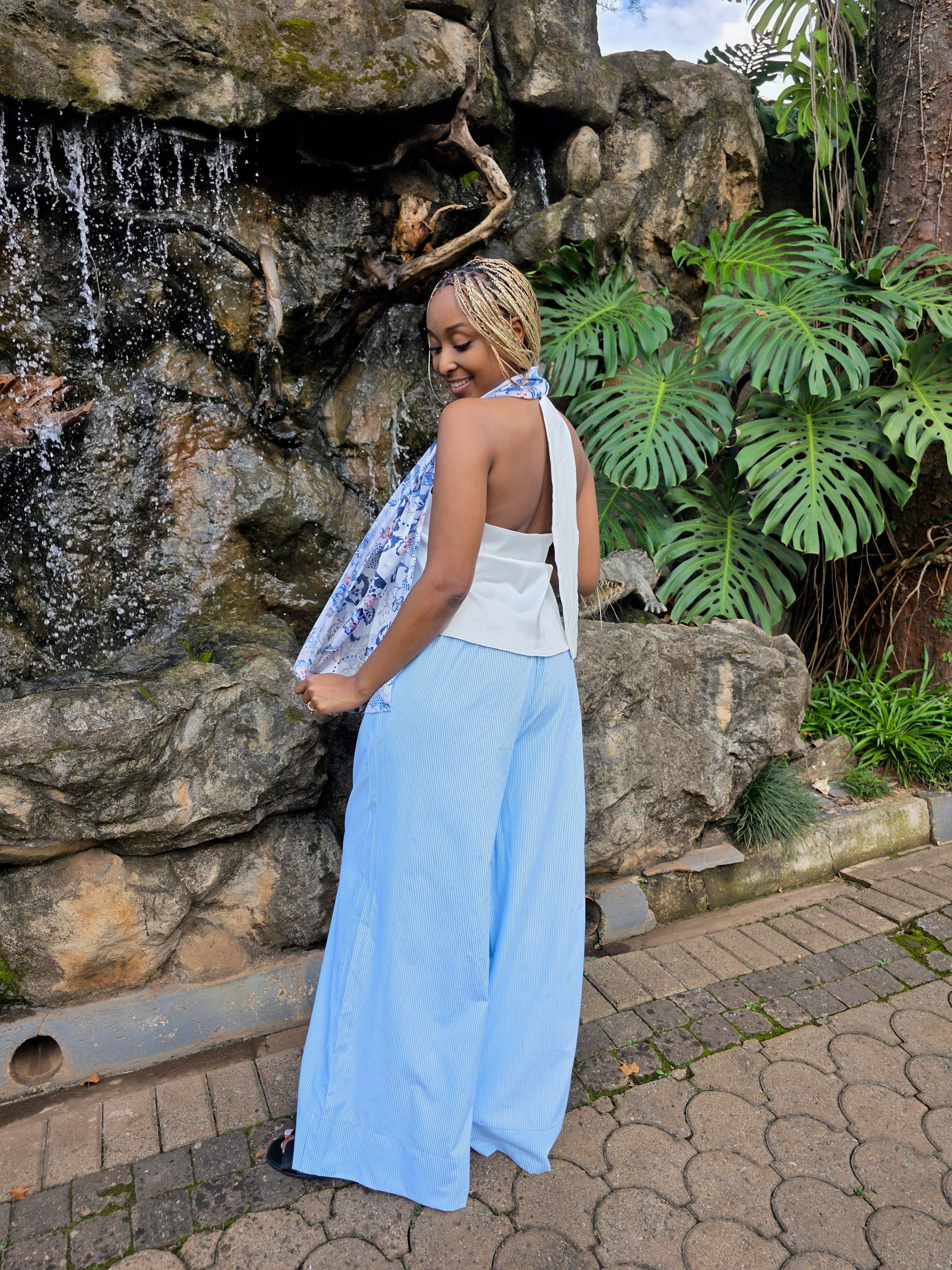 LC Cotton Ruched Wide Leg Pants : Blue & White Stripes