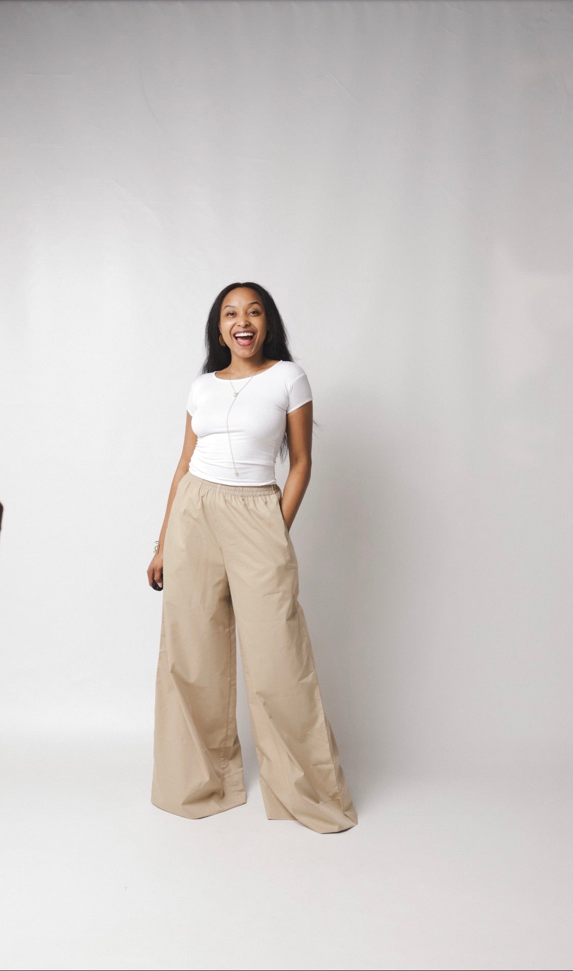 LC Ruched Waistband Wide Leg Pants : Beige