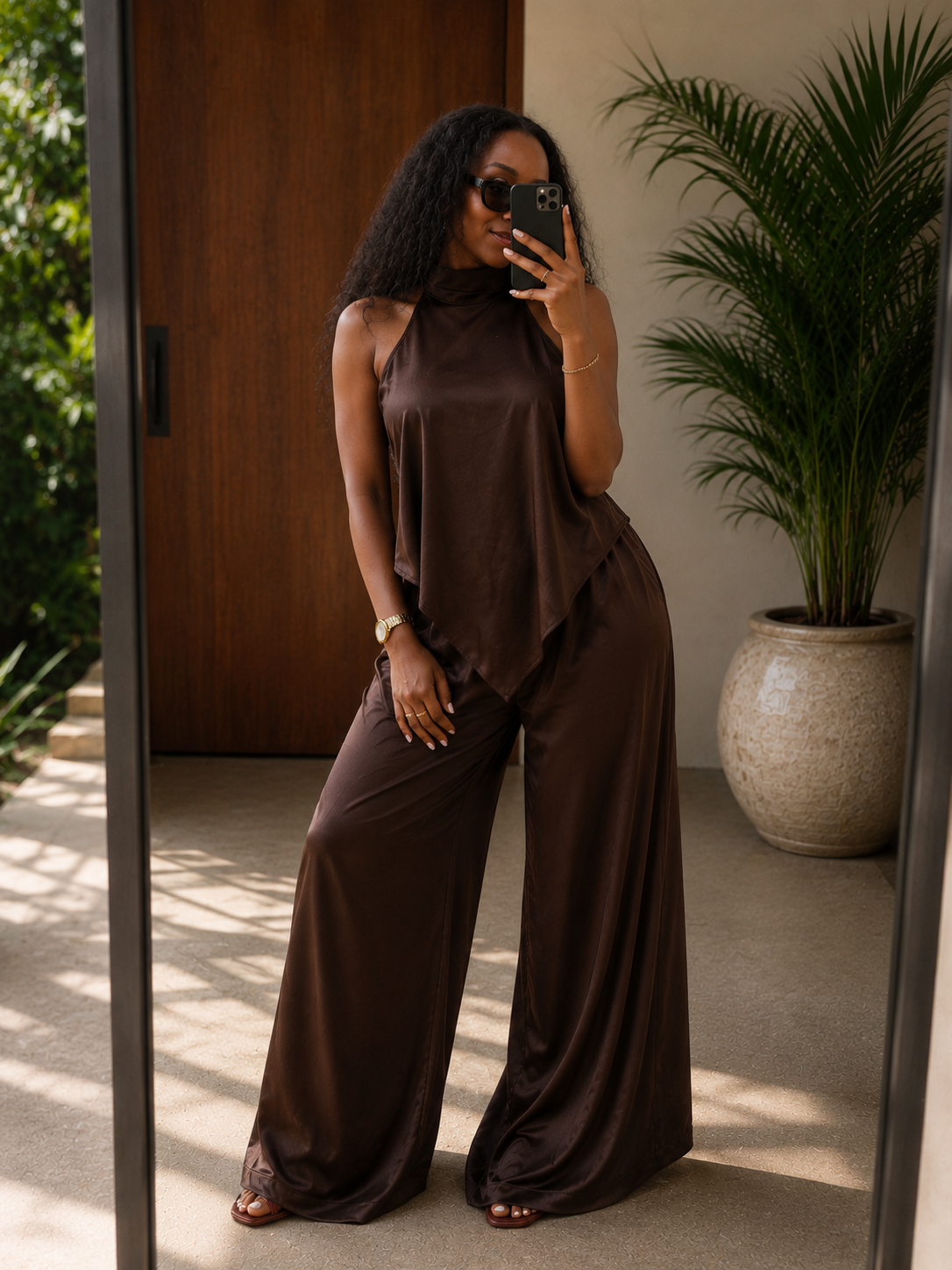 The Ivory Satin Set : Chocolate Brown
