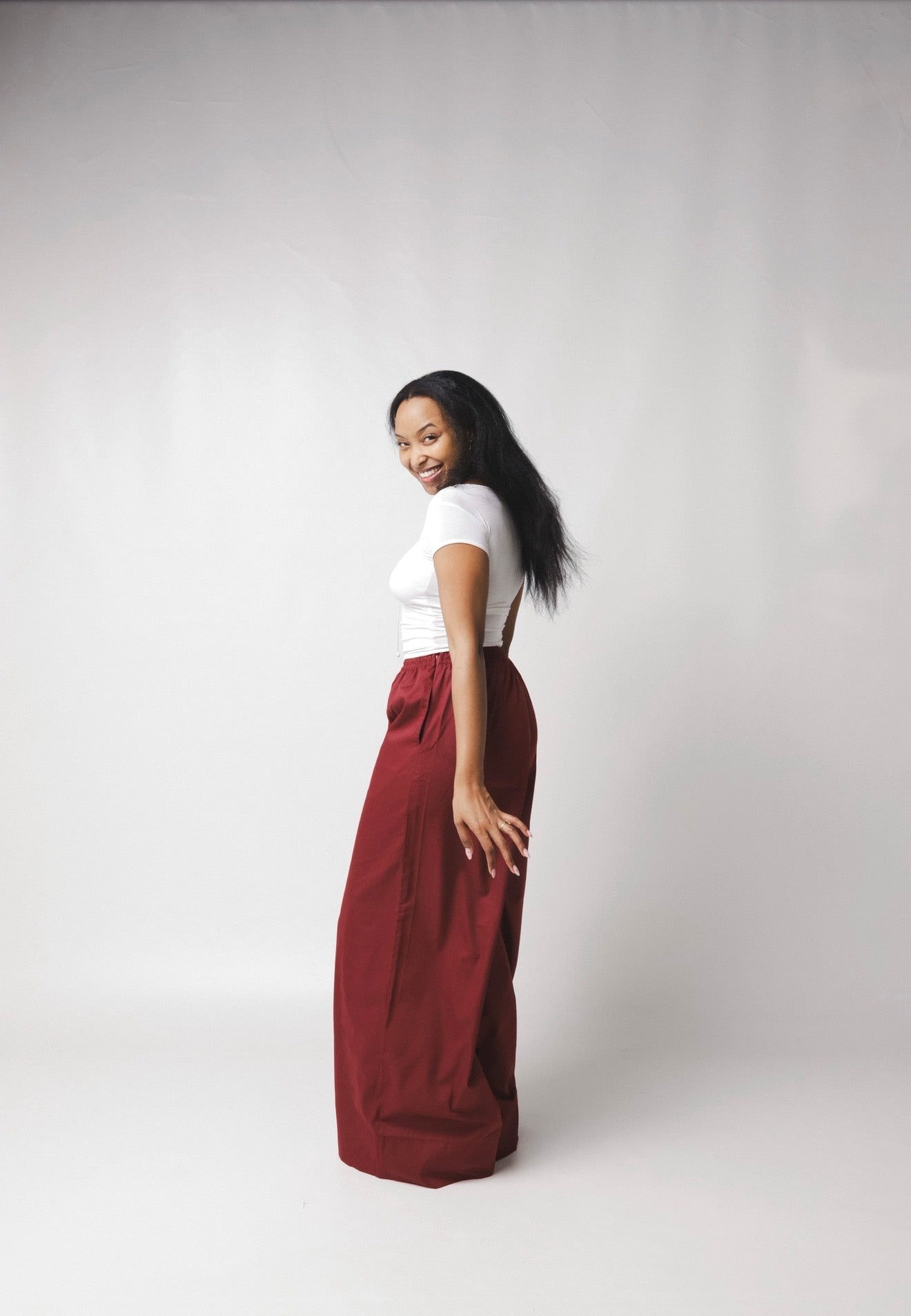 LC Ruched Waistband Wide Leg Pants : Burgundy