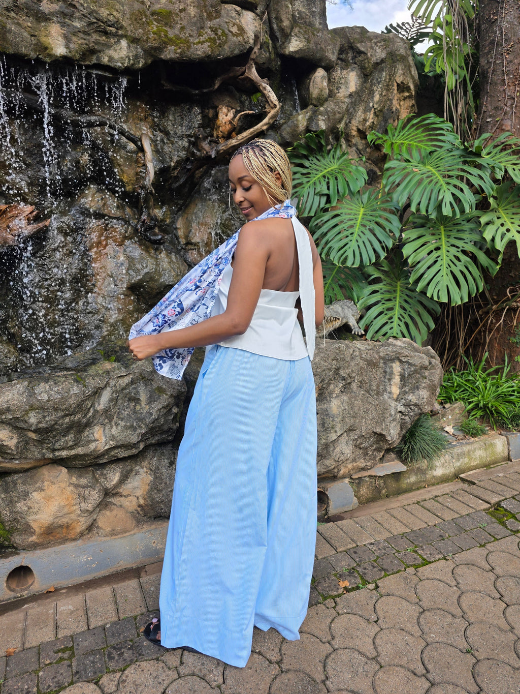 LC Cotton Ruched Wide Leg Pants : Blue & White Stripes