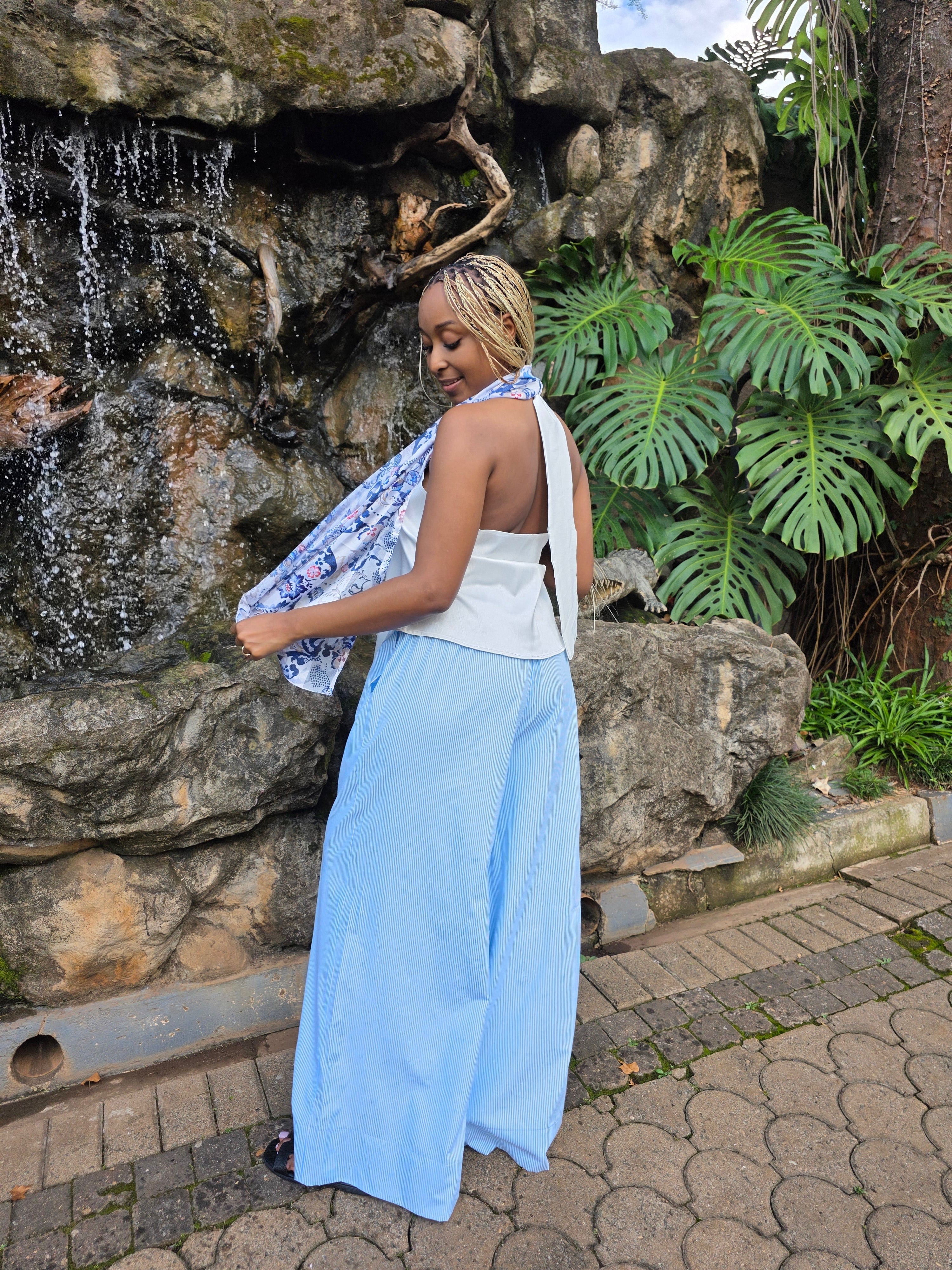 LC Cotton Ruched Wide Leg Pants : Blue & White Stripes