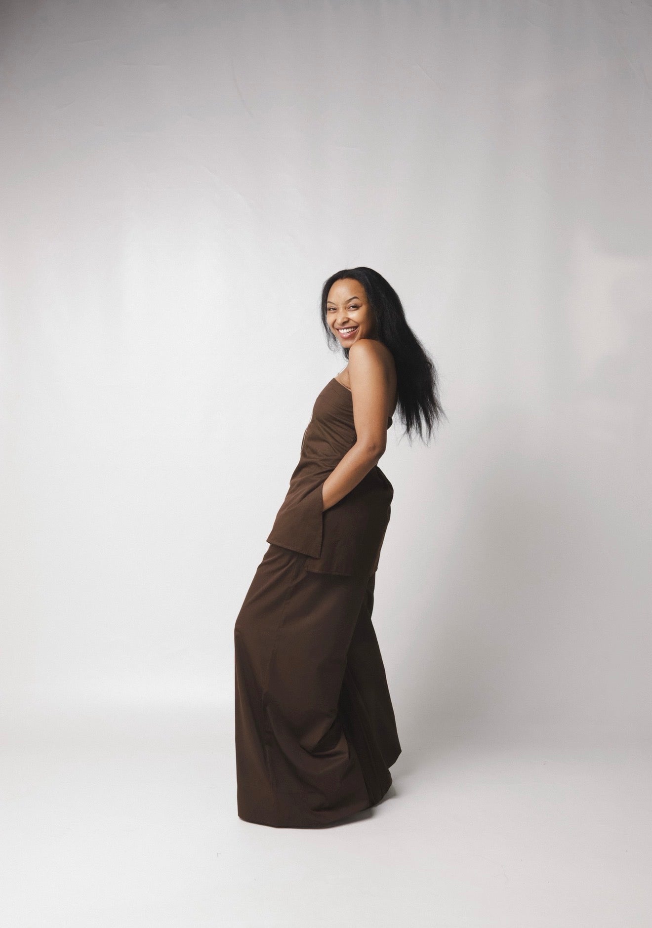 LC Ruched Waistband Wide Leg Pants : Chocolate Brown