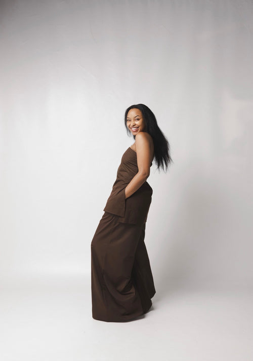 LC Ruched Waistband Wide Leg Pants : Chocolate Brown
