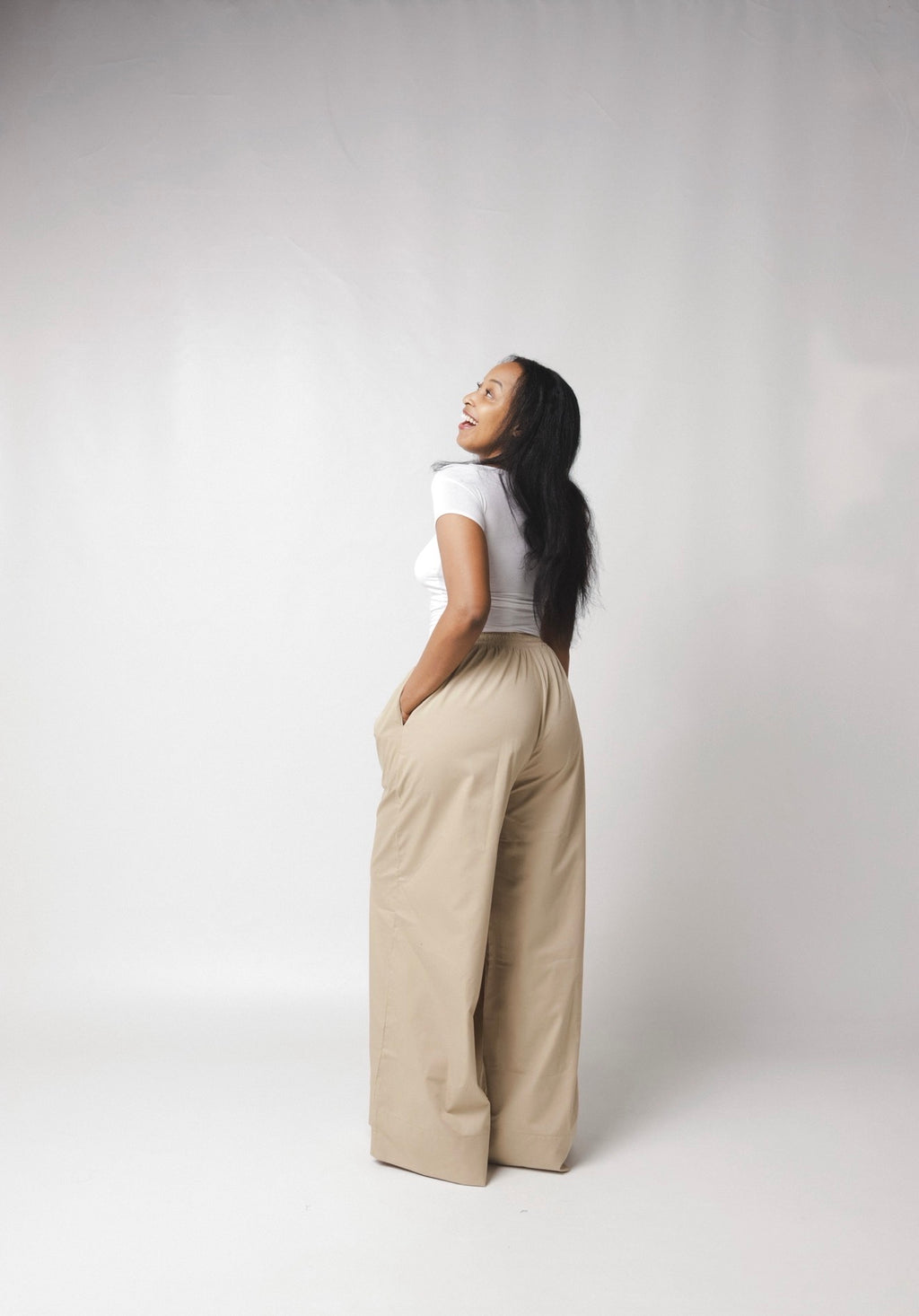 LC Ruched Waistband Wide Leg Pants : Beige
