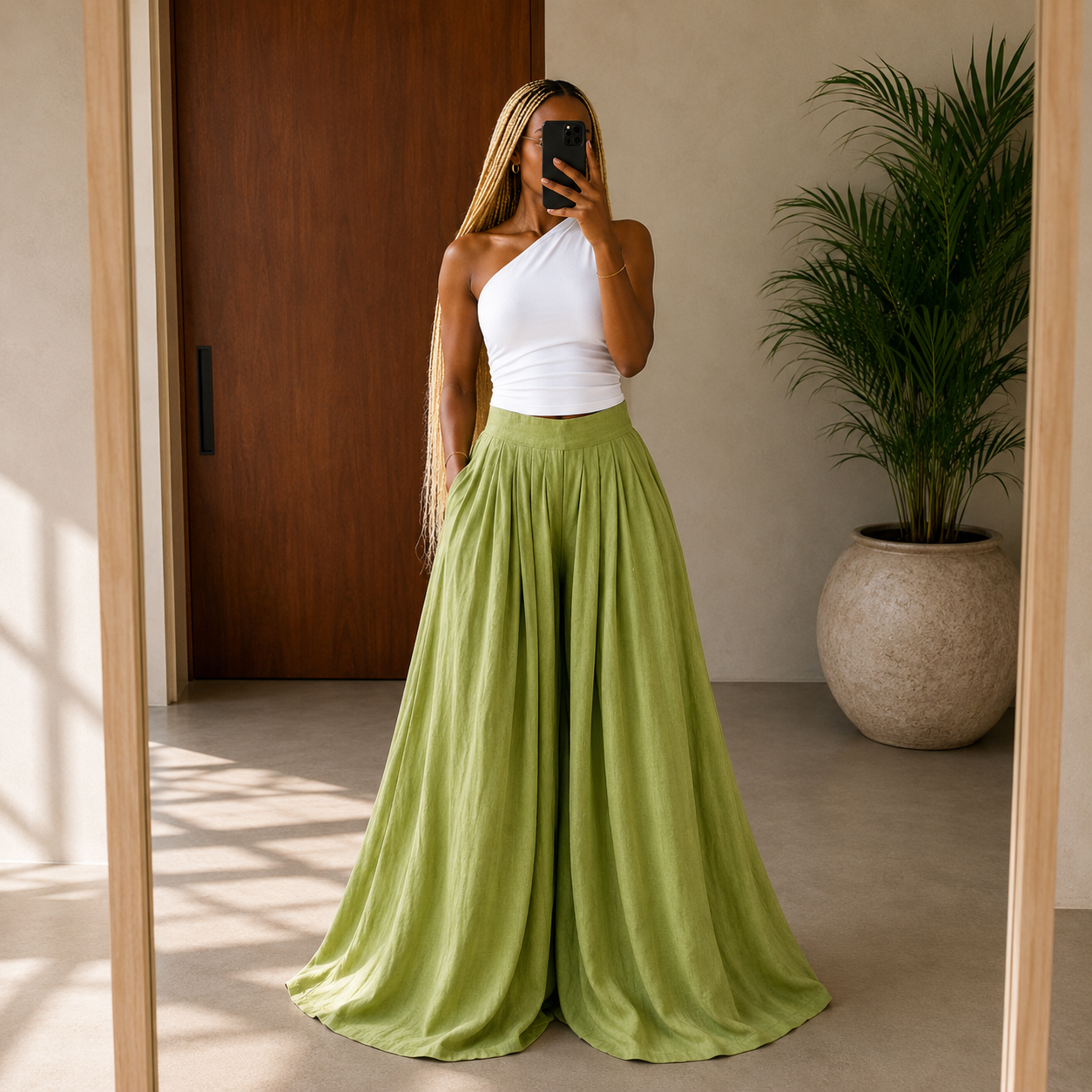 The Kim Linen Pleated Pants : Lime Green