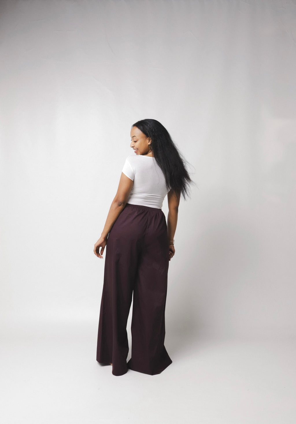 LC Ruched Waistband Wide Leg Pants : Black Current