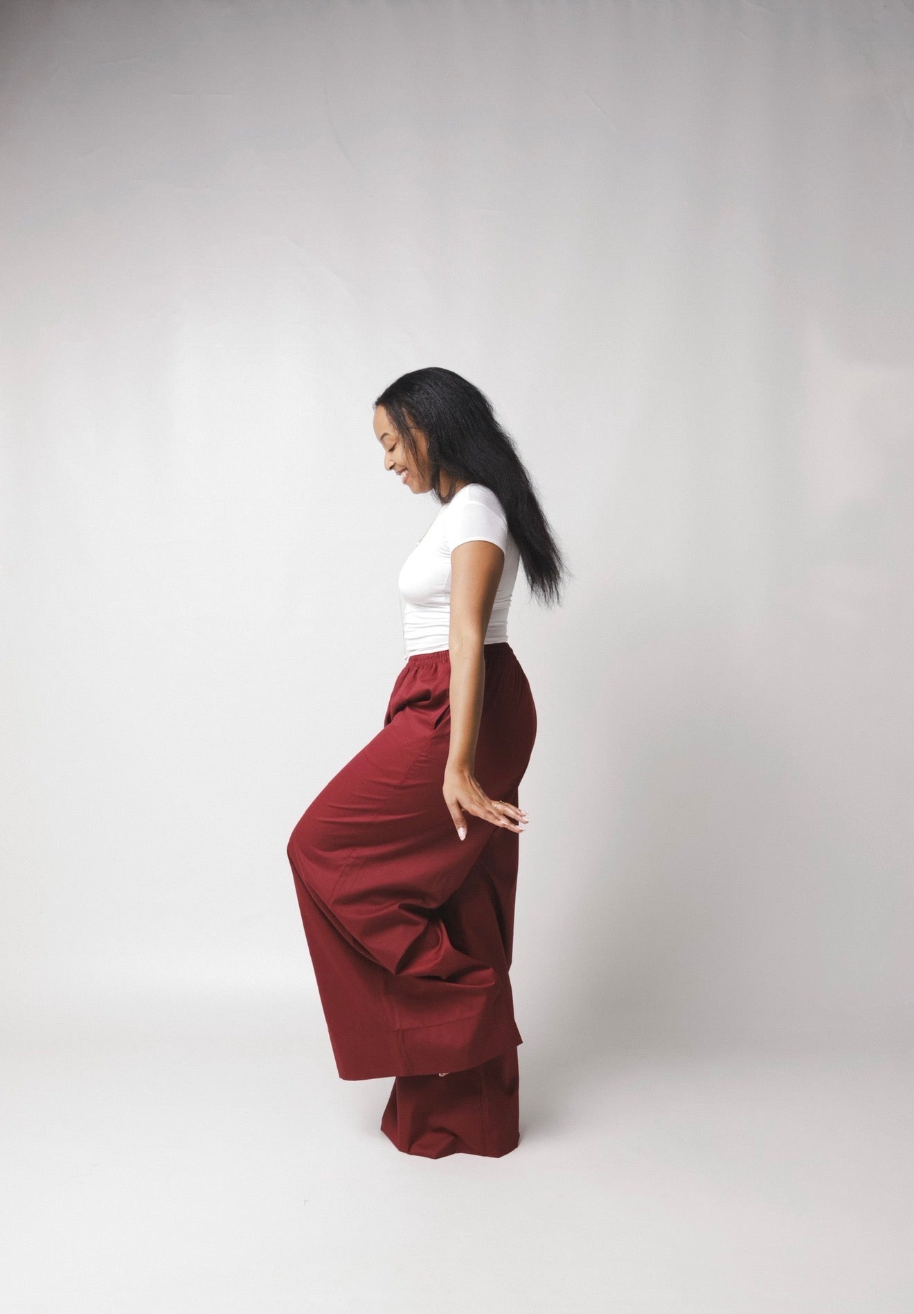 LC Ruched Waistband Wide Leg Pants : Burgundy