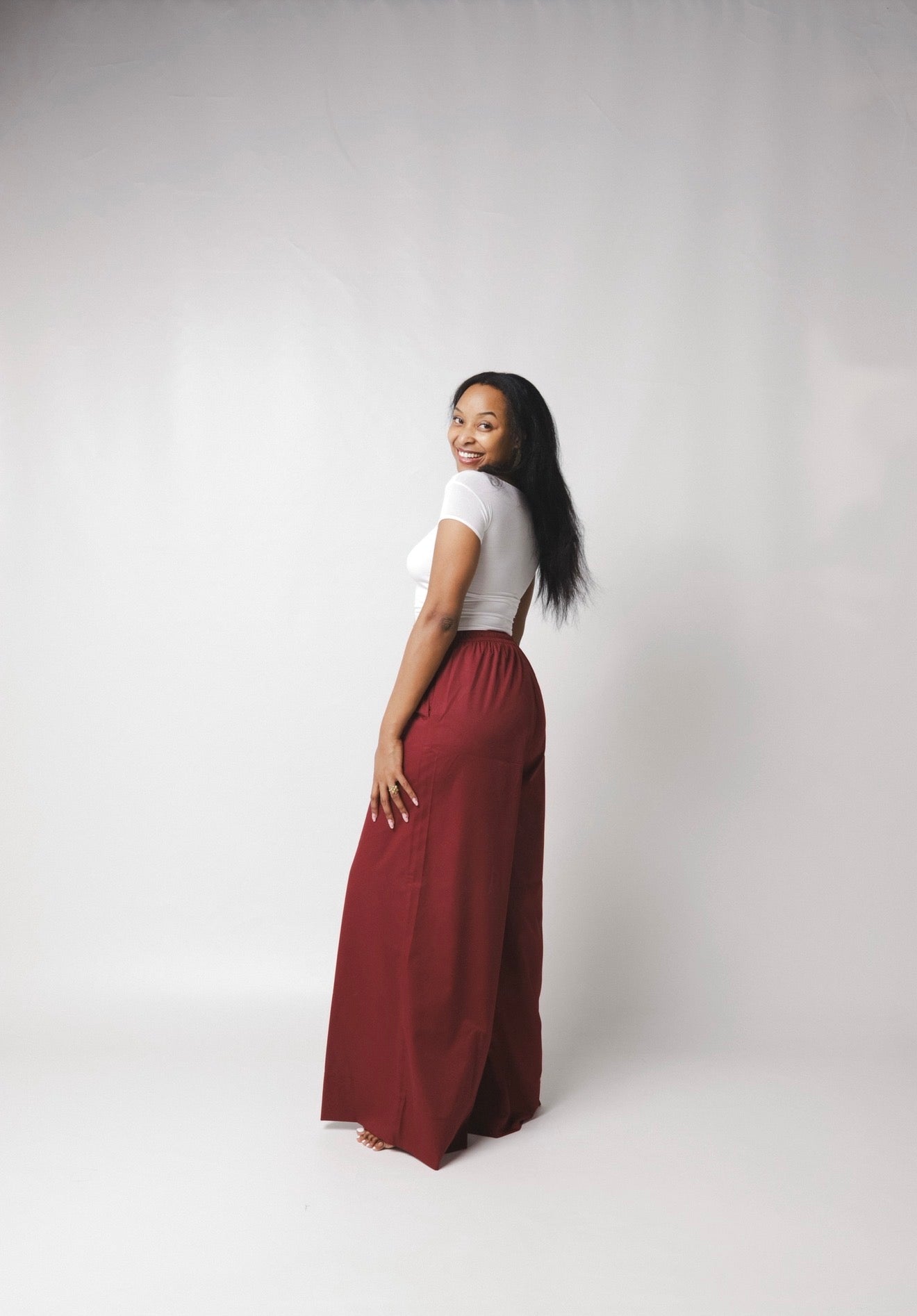 LC Ruched Waistband Wide Leg Pants : Burgundy