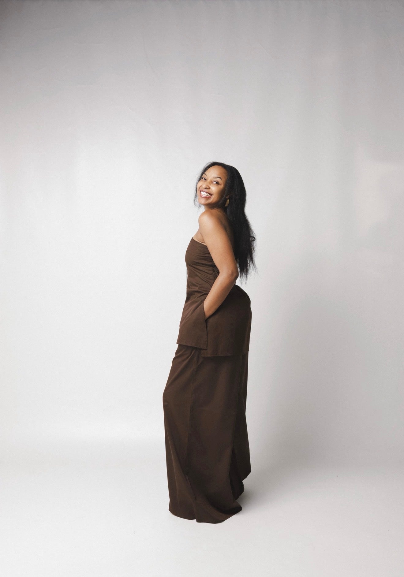 LC Ruched Waistband Wide Leg Pants : Chocolate Brown