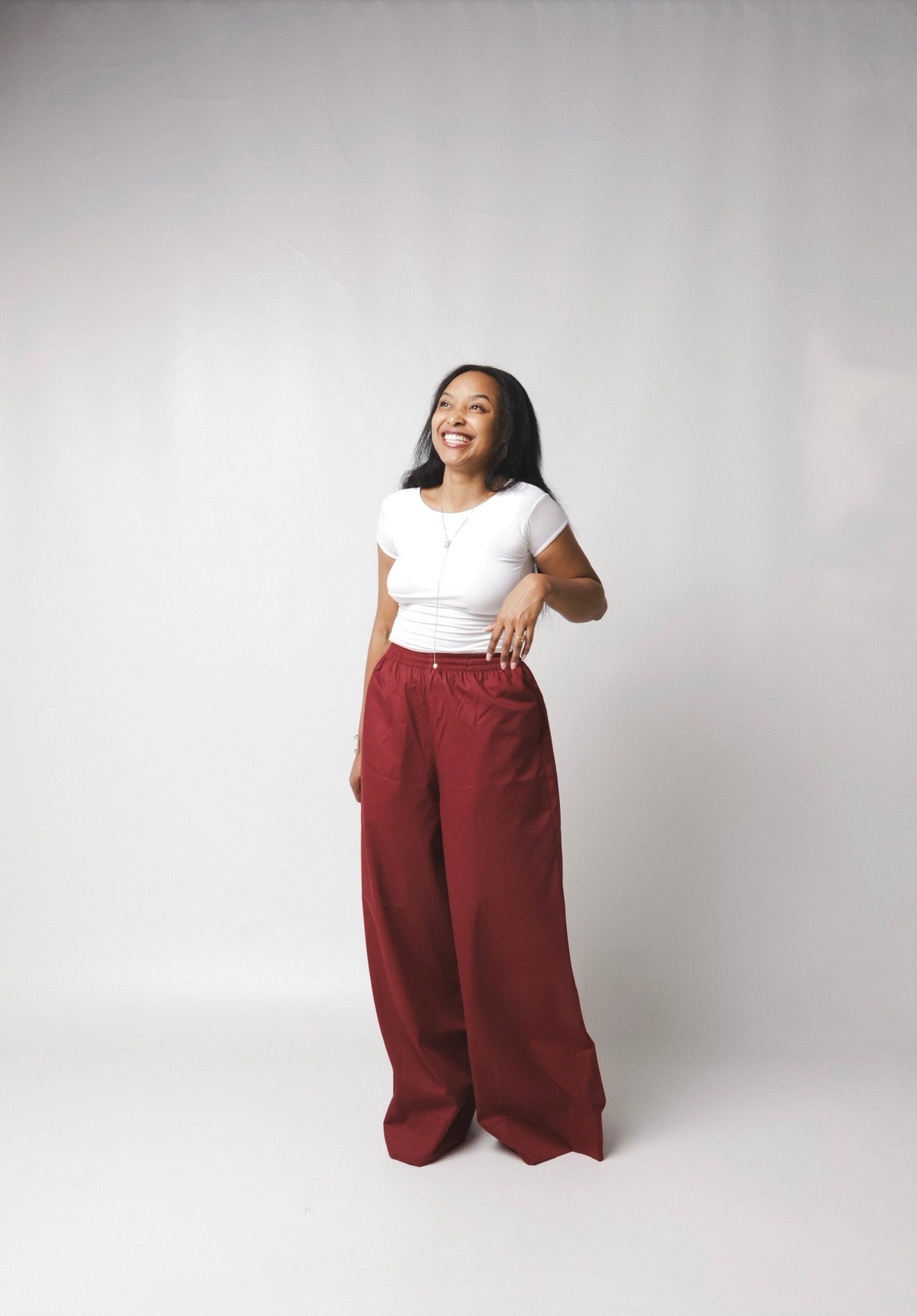 LC Ruched Waistband Wide Leg Pants : Burgundy
