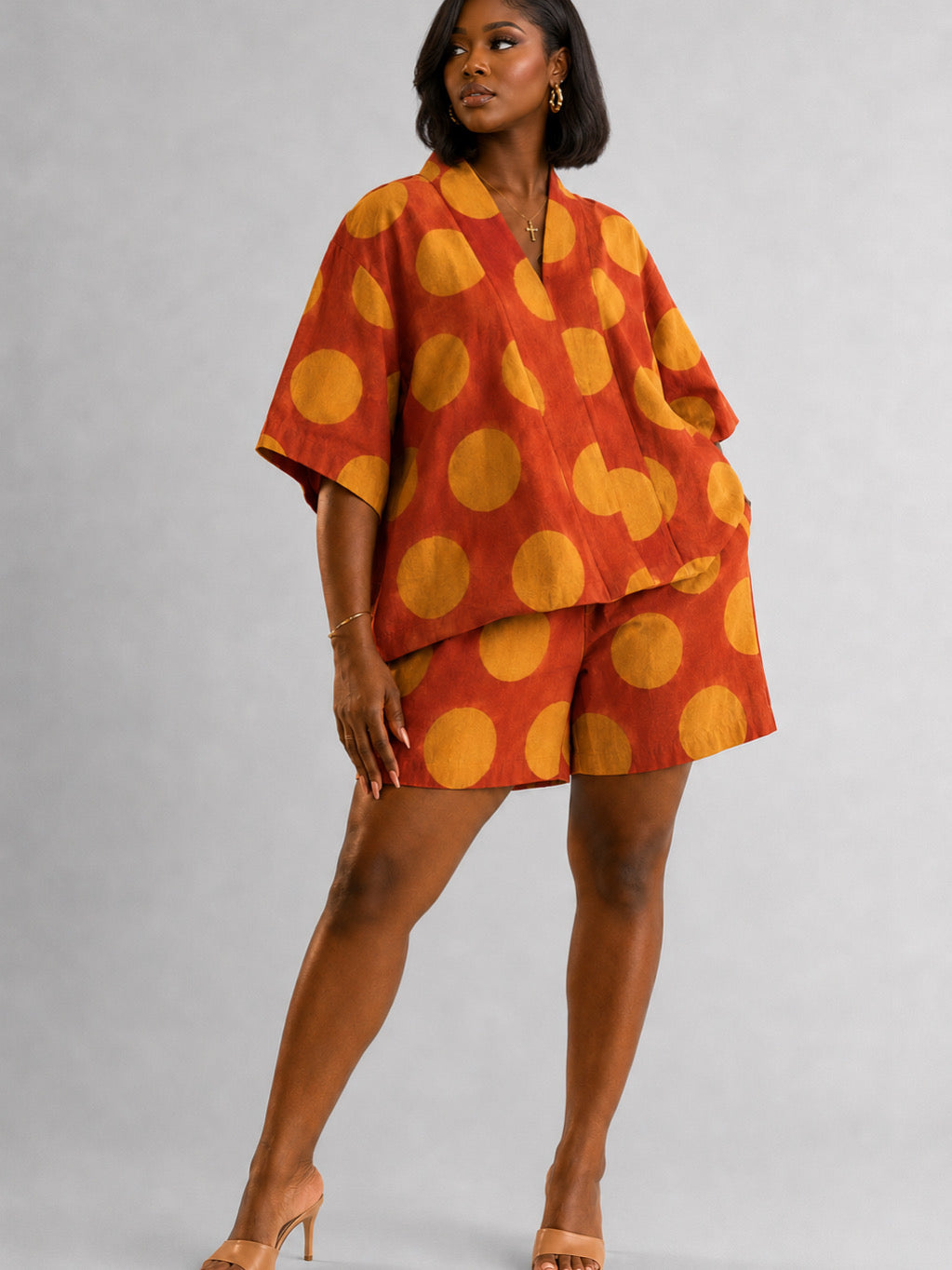 The Saki short set : orange/ yellow polka