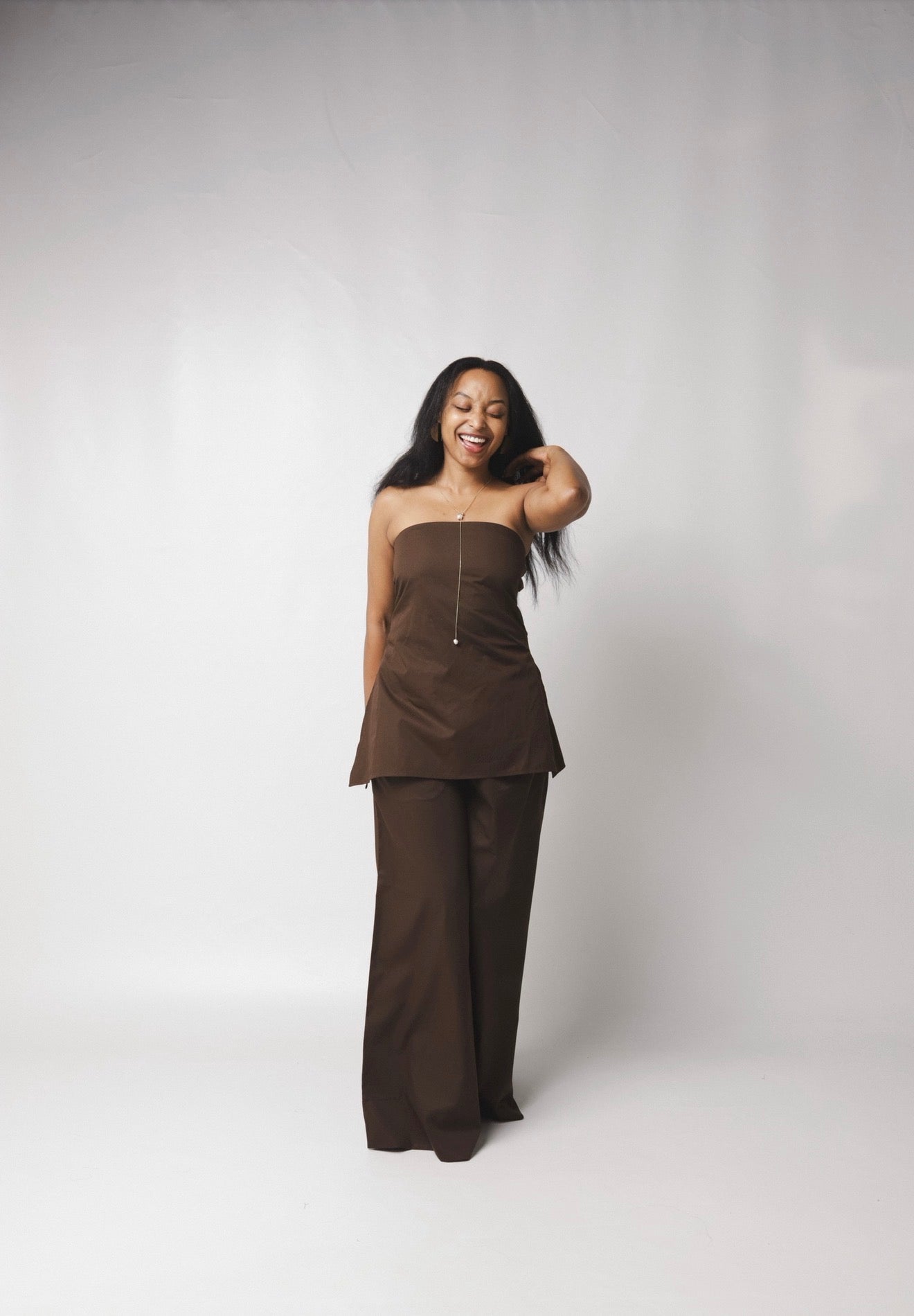 LC Ruched Waistband Wide Leg Pants : Chocolate Brown