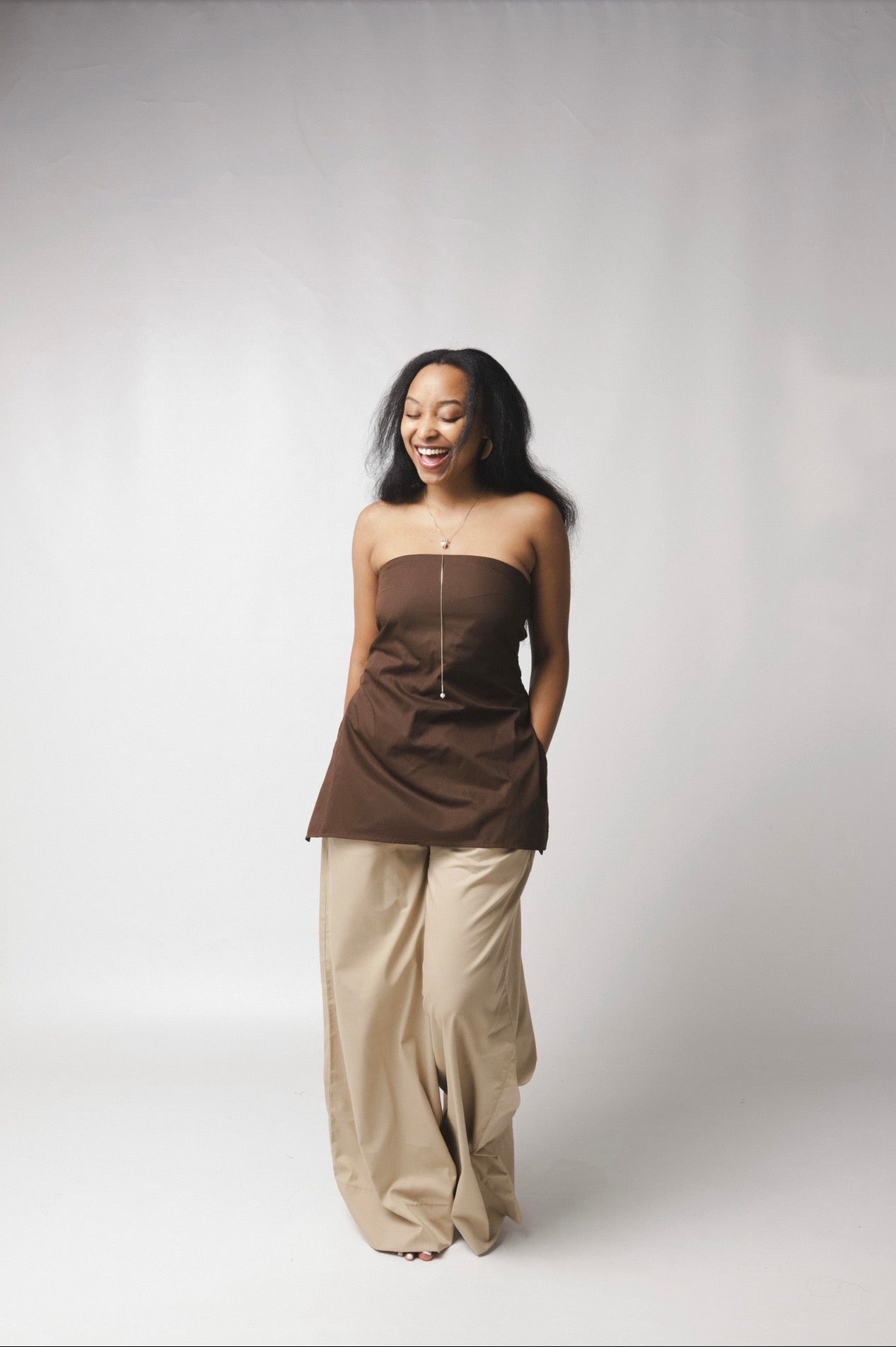 LC Ruched Waistband Wide Leg Pants : Beige