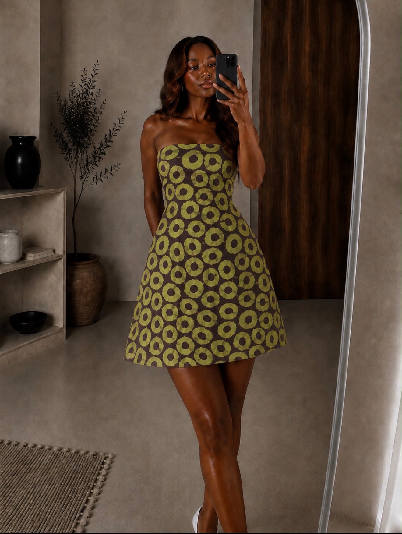 The Maki Dress: Mini & Maxi : Circular art ( chocolate brown & green)