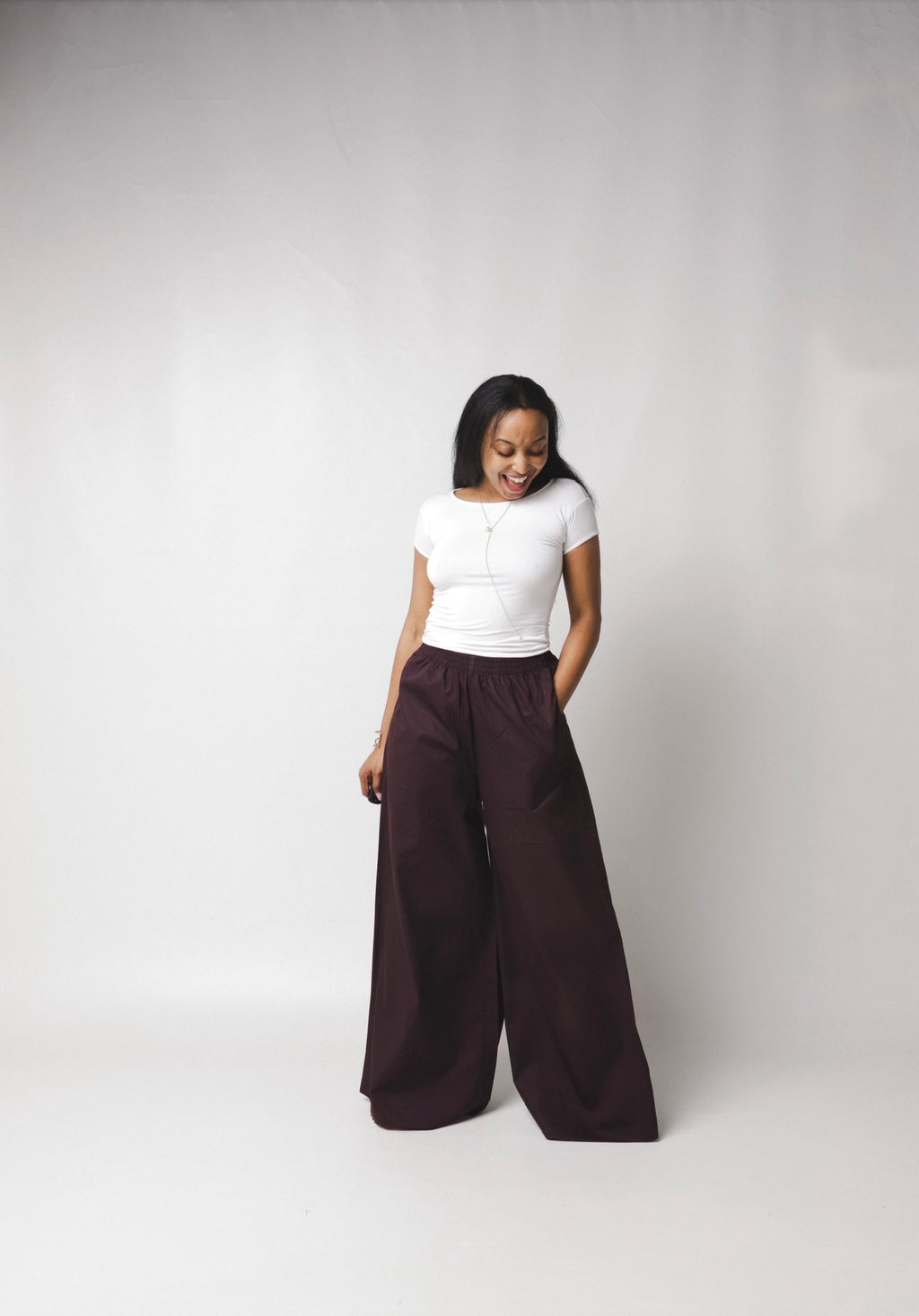 LC Ruched Waistband Wide Leg Pants : Black Current