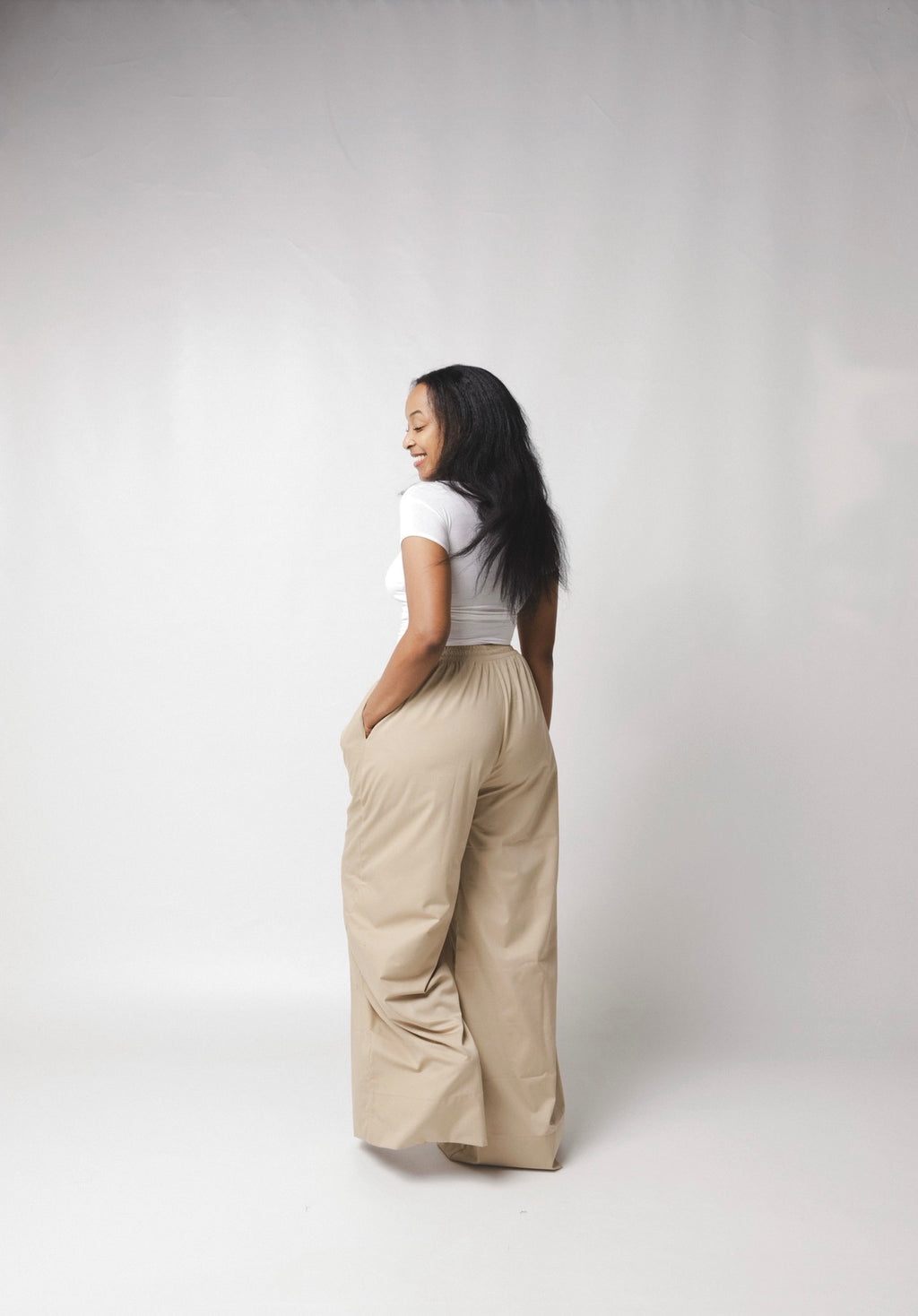 LC Ruched Waistband Wide Leg Pants : Beige