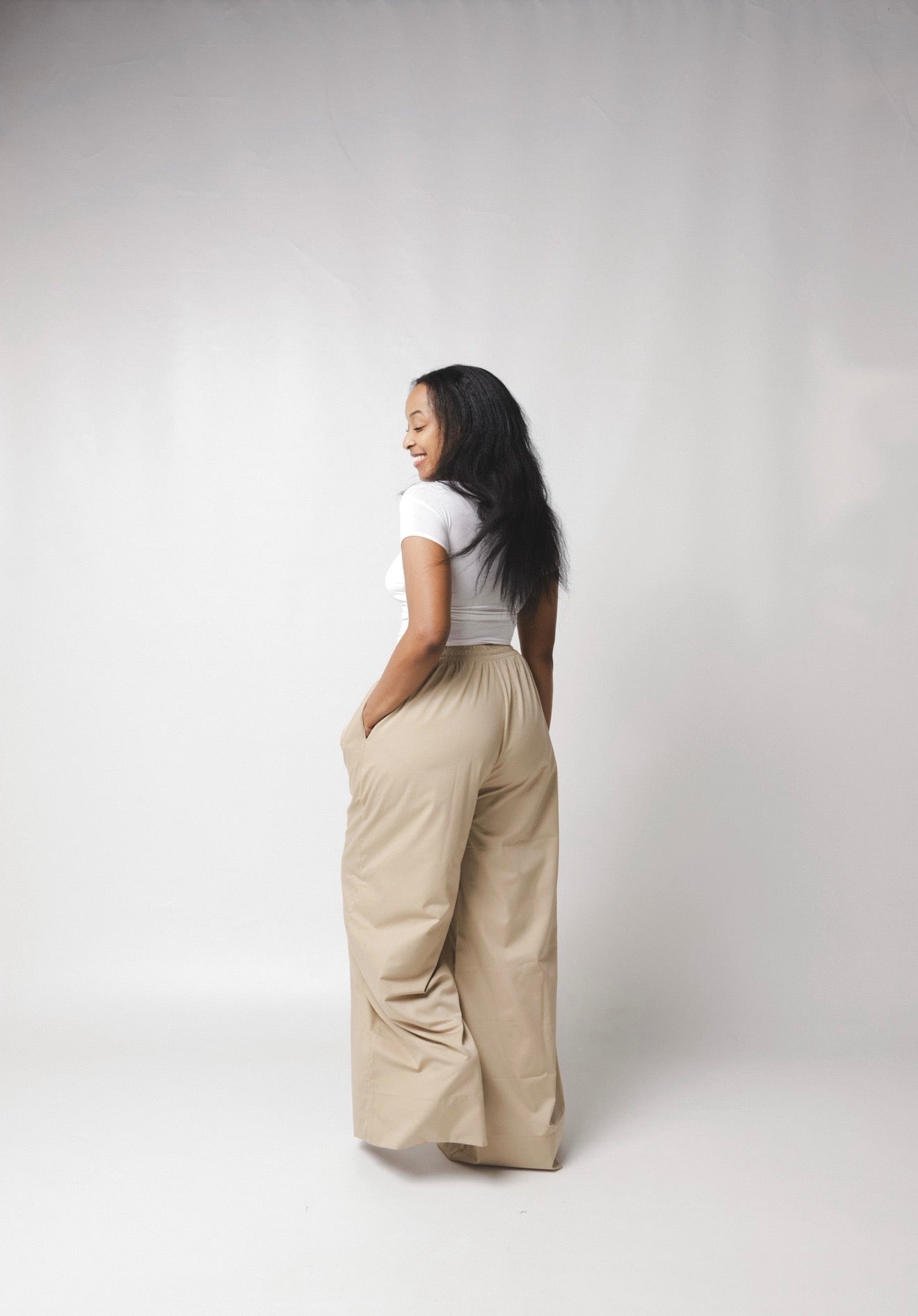 LC Ruched Waistband Wide Leg Pants : Beige