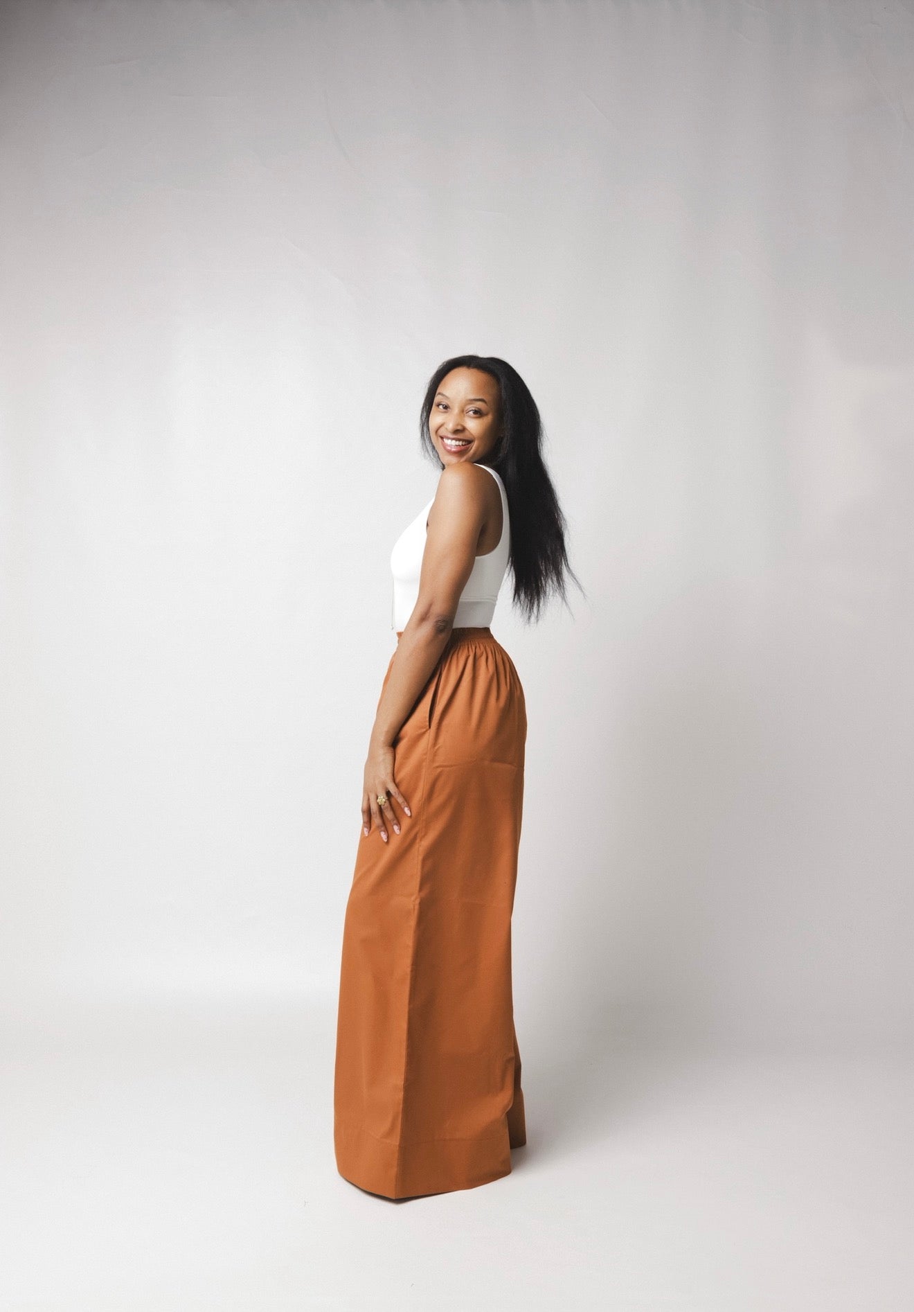 LC Ruched Waistband Wide Leg Pants : Burnt Orange/Brown